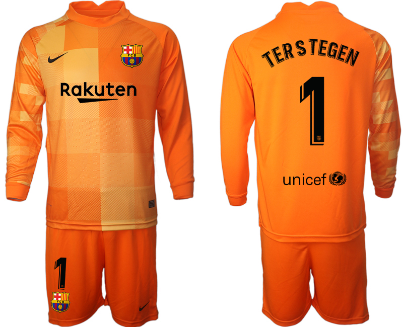 Men 2021-2022 Club Barcelona orange red goalkeeper Long Sleeve #1 Soccer Jersey->barcelona jersey->Soccer Club Jersey